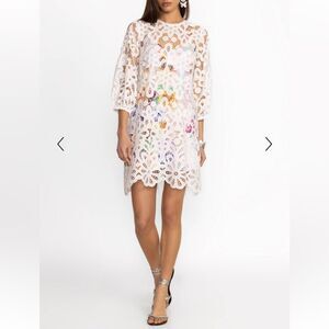 NWT Johnny Was Lisette Lace White Lace Mini Dress with Multicolor Lining size XS